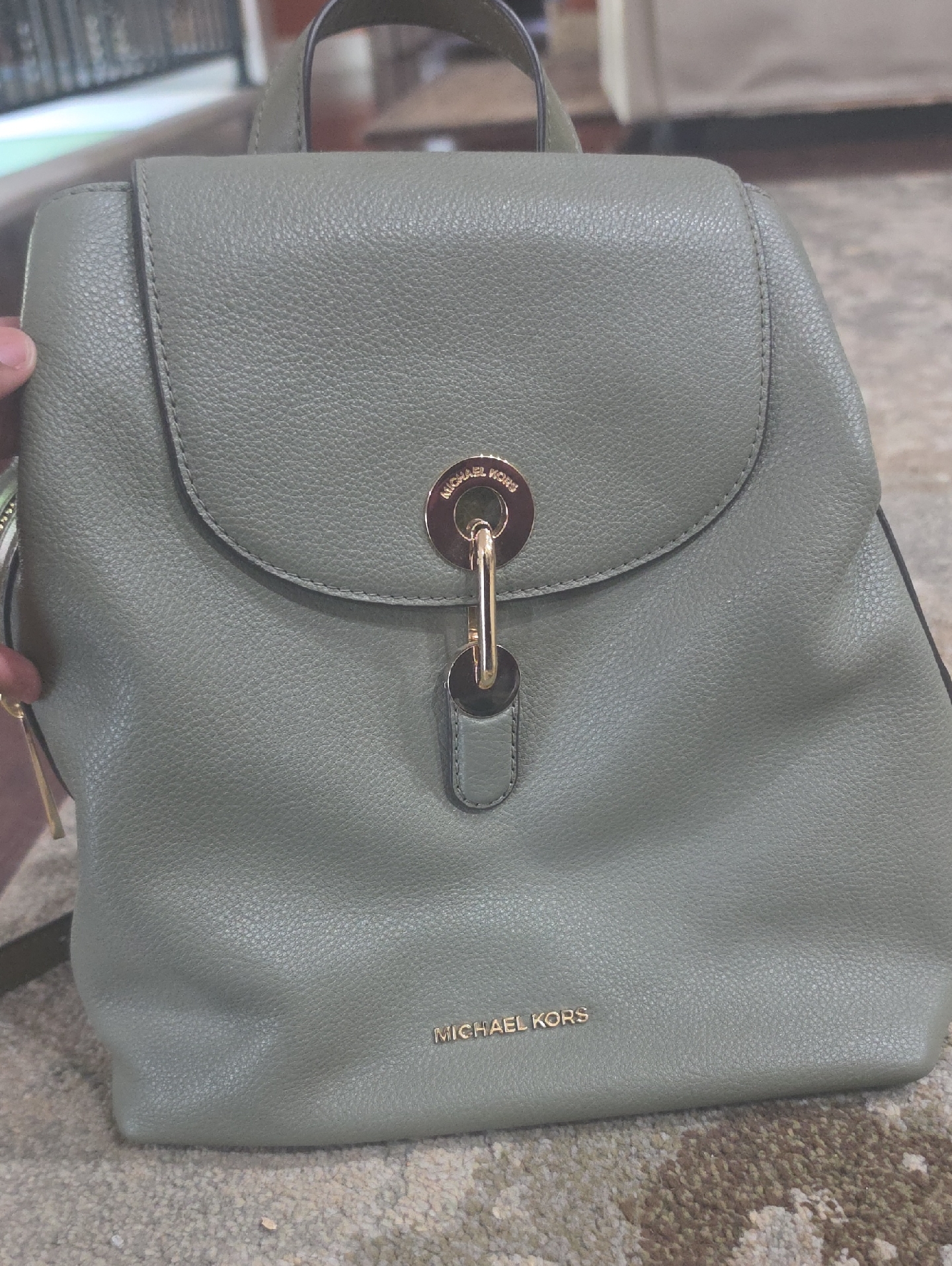Michael Kors Sage Green Pebbled Leather Backpack With Gold Hardware